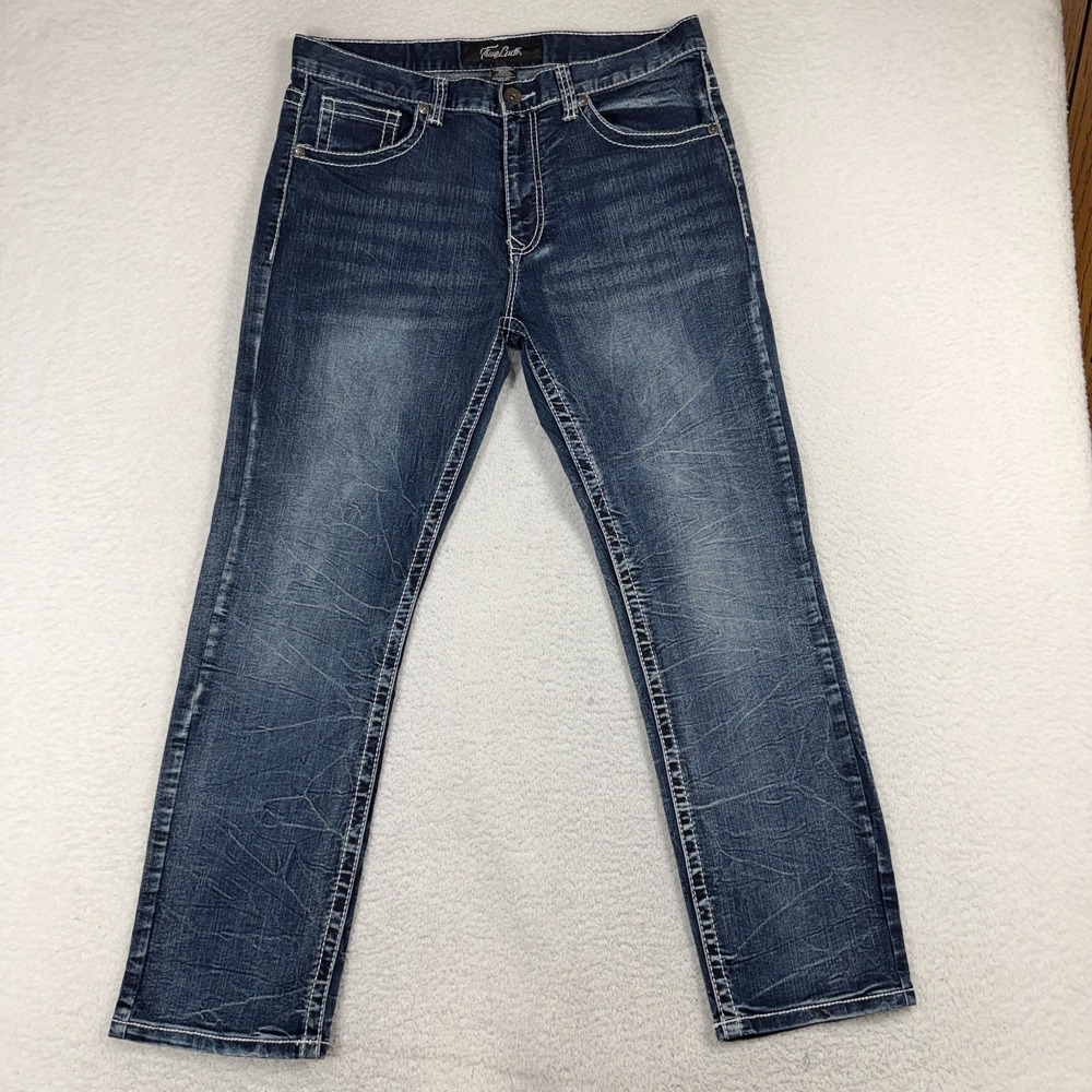 True Luck Men's Stretch Straight Denim Blue Jeans Sz 34x30 (35x28) Flap Pockets